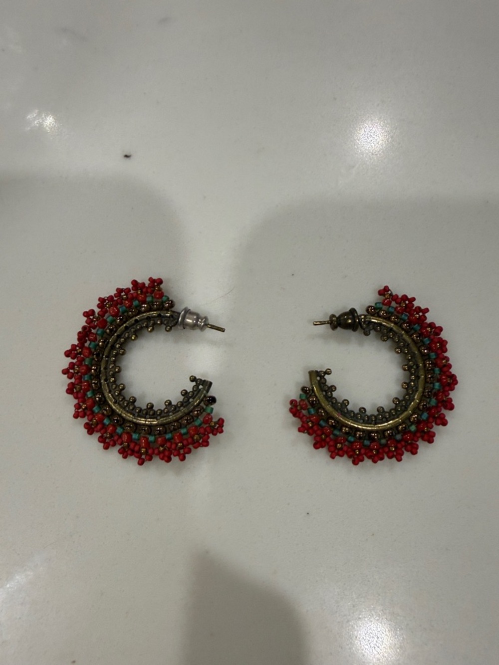 Red Beaded Hoop Earrings - Women Jewelry